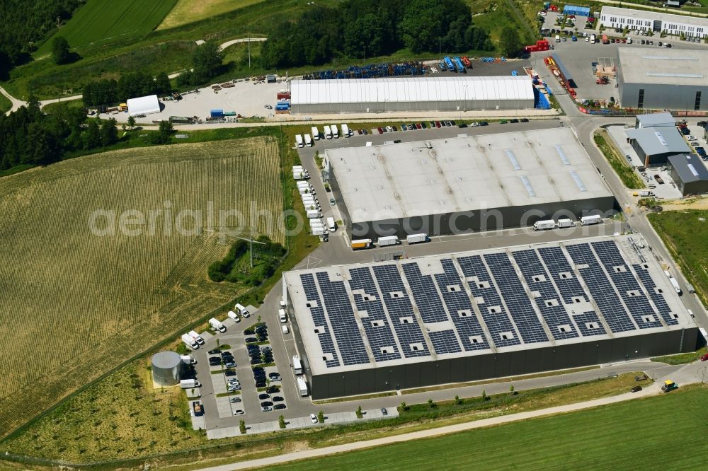 Sulzemoos from the bird's eye view: Building complex and grounds of the logistics center of GSD Remarketing GmbH & Co. KG and das Metro Zustelldepot on Werner-Heisenberg-Strasse in Sulzemoos in the state Bavaria, Germany