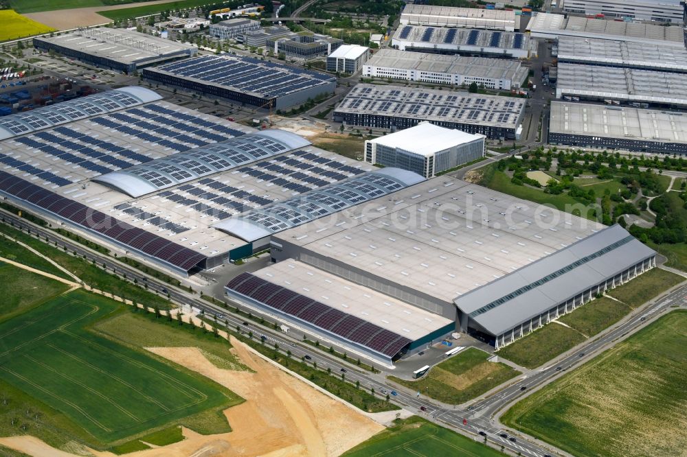 Ingolstadt from above - Building complex and site of the logistics center GVZ Freight transport center in Ingolstadt in the state of Bavaria. The GVZ was set up to bring the suppliers of the Audi AG closer to the factory site