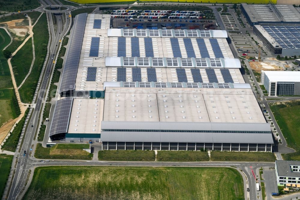 Ingolstadt from above - Building complex and site of the logistics center GVZ Freight transport center in Ingolstadt in the state of Bavaria. The GVZ was set up to bring the suppliers of the Audi AG closer to the factory site