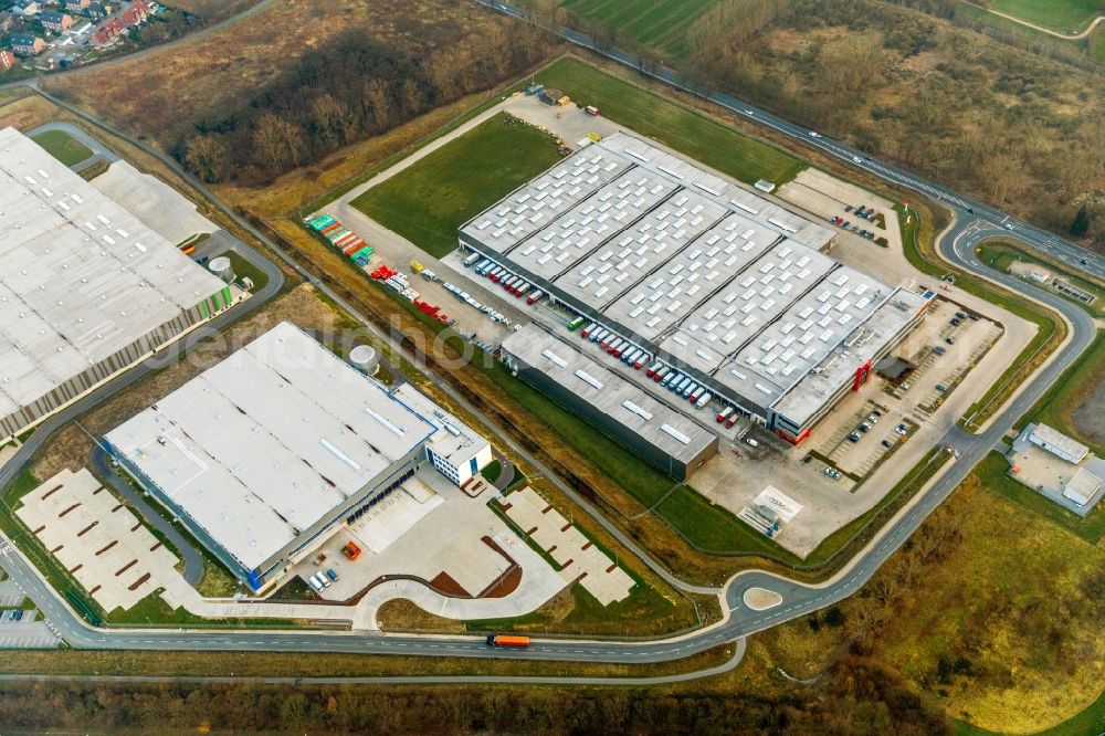 Bergkamen from above - Building complex and grounds of the logistics center of Herbert Heldt KG on Ernst-von-Bodelschwingh-Street in Bergkamen in the state North Rhine-Westphalia, Germany