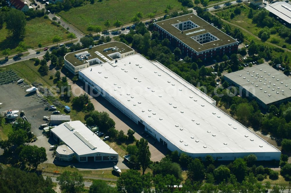 Werder (Havel) from the bird's eye view: Complex of buildings and area of the logistics centre the hospital LogiServe GmbH in Werder (Havel) in the federal state Brandenburg, Germany