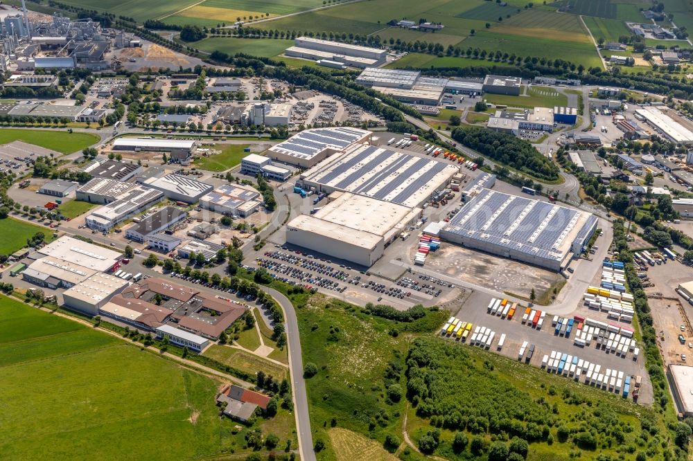 Brilon from above - Building complex and grounds of the logistics center of Impuls Kuechen GmbH and of puris Bad GmbH & Co. KG Hinterm Gallberg in Brilon in the state North Rhine-Westphalia, Germany