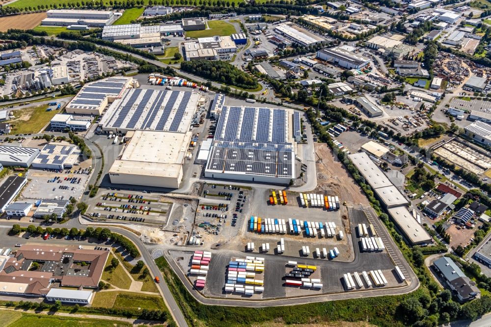 Aerial image Brilon - Building complex and grounds of the logistics center of Impuls Kuechen GmbH and of puris Bad GmbH & Co. KG Hinterm Gallberg in Brilon in the state North Rhine-Westphalia, Germany