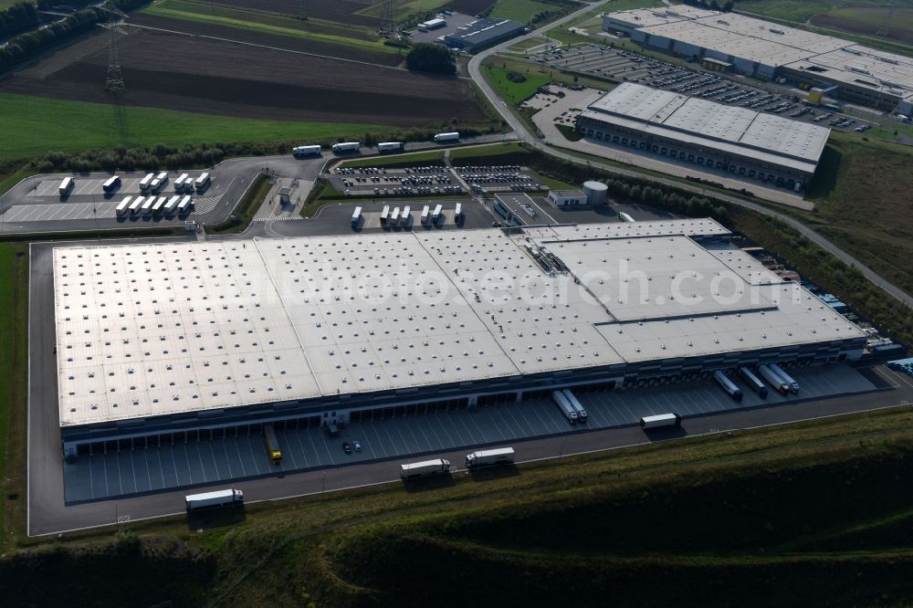 Koblenz from the bird's eye view: Building complex and grounds of the logistics center of LIDL Dienstleistung GmbH & Co. KG Am Autobahnkreuz in Koblenz in the state Rhineland-Palatinate, Germany