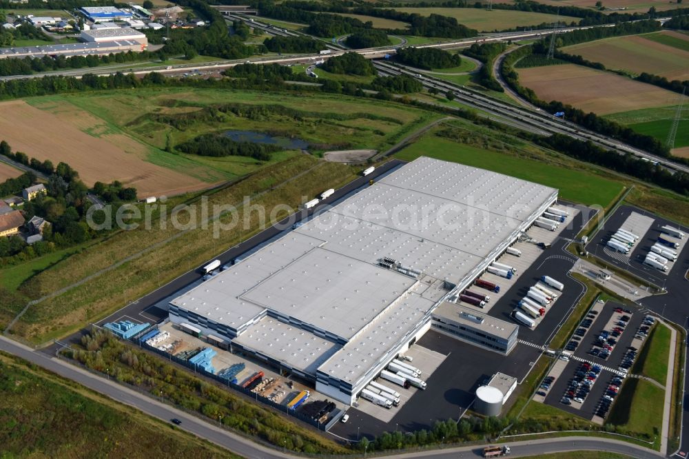 Koblenz from above - Building complex and grounds of the logistics center of LIDL Dienstleistung GmbH & Co. KG Am Autobahnkreuz in Koblenz in the state Rhineland-Palatinate, Germany