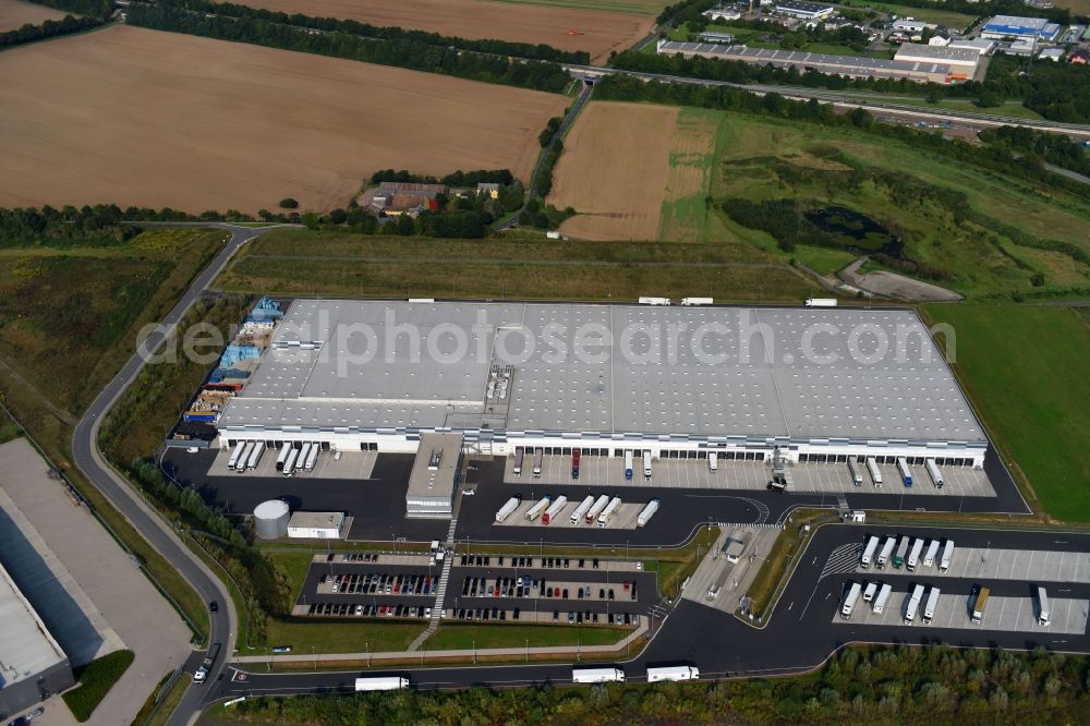 Koblenz from the bird's eye view: Building complex and grounds of the logistics center of LIDL Dienstleistung GmbH & Co. KG Am Autobahnkreuz in Koblenz in the state Rhineland-Palatinate, Germany