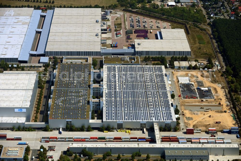 Leipzig from above - Building complex and grounds of the logistics center of the Logistikpark Leipzig Am alten Flughafen overlooking earthworks for development in Leipzig in the state Saxony, Germany