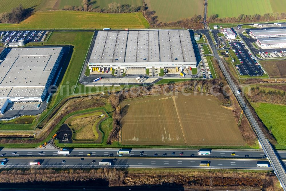 Hamm from the bird's eye view: Building complex and grounds of the logistics center of ProLogis in Hamm in the state North Rhine-Westphalia, Germany