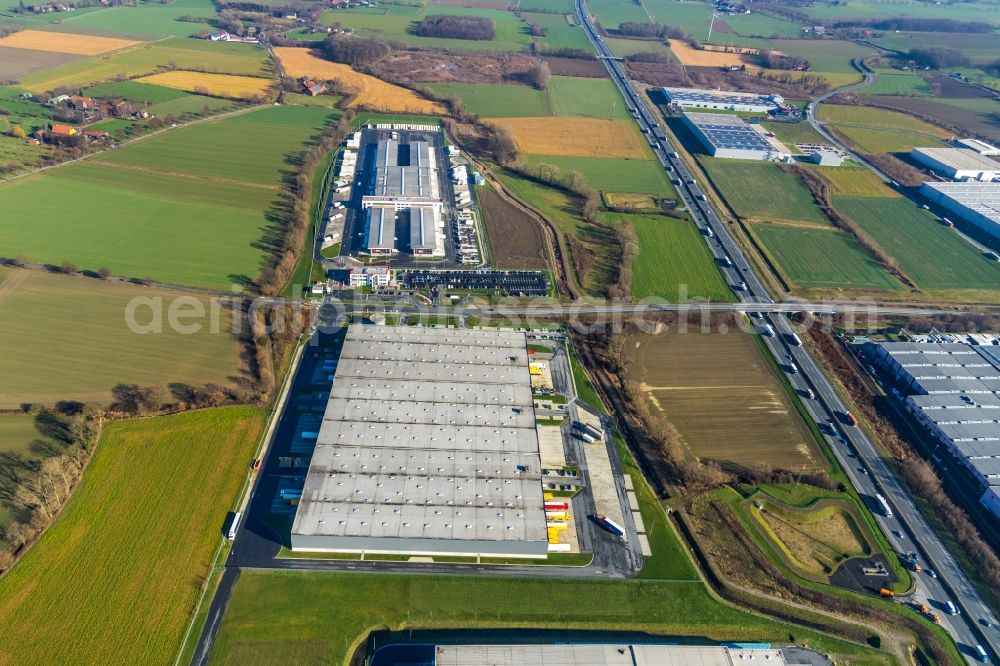 Hamm from the bird's eye view: Building complex and grounds of the logistics center of ProLogis in Hamm in the state North Rhine-Westphalia, Germany