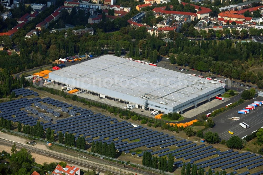 Berlin from above - Building complex and grounds of the logistics center of Rewe Logistik GmbH on Altes Gaswerk Mariendorf in Berlin, Germany