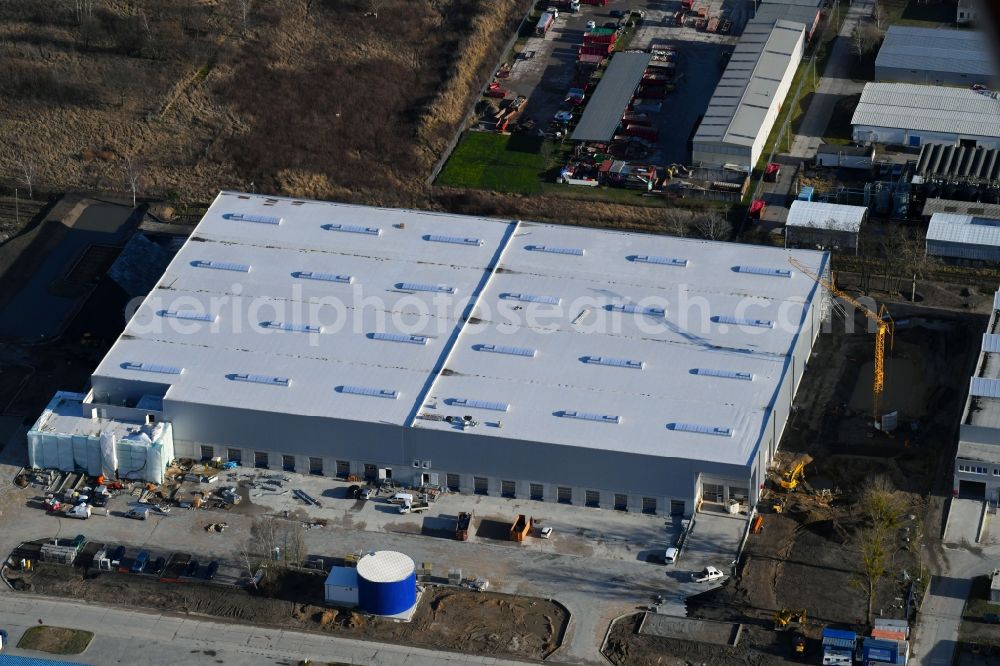 Aerial image Hoppegarten - Building complex and grounds of the logistics center of Rhenus Home Delivery GmbH in of Industriestrasse in Hoppegarten in the state Brandenburg, Germany