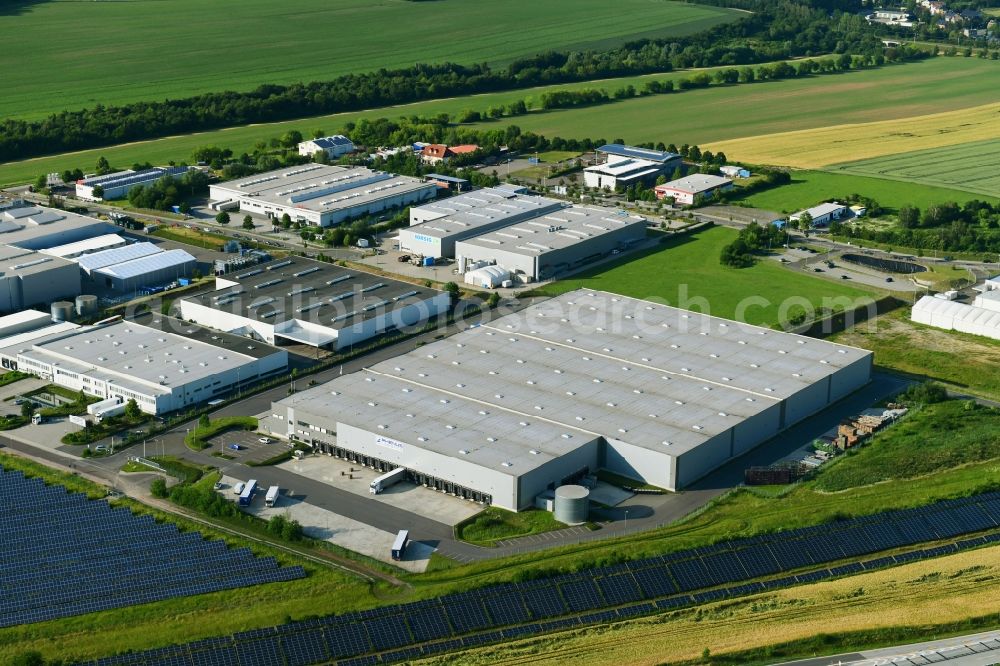 Aerial image Meerane - Building complex and grounds of the logistics center of Rhenus SE & Co. KG on Dennheritzer Strasse in Meerane in the state Saxony, Germany