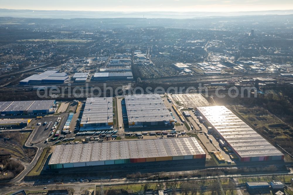 Dortmund from above - Building complex and grounds of the logistics center of Schenker Deutschland AG and the internet retailer Amazon in Dortmund in the federal state of North Rhine-Westphalia, Germany