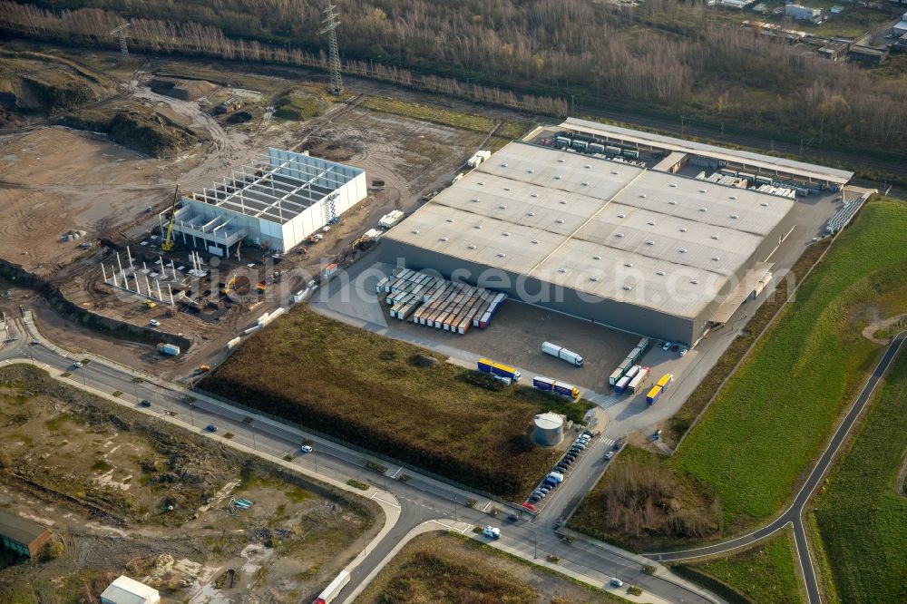 Gelsenkirchen from the bird's eye view: Building complex and grounds of the logistics center of Wheels Logistics on site of the former Schalker Verein in Gelsenkirchen in the state of North Rhine-Westphalia. The center is part of the newly developed commercial area East on Schalker Verein