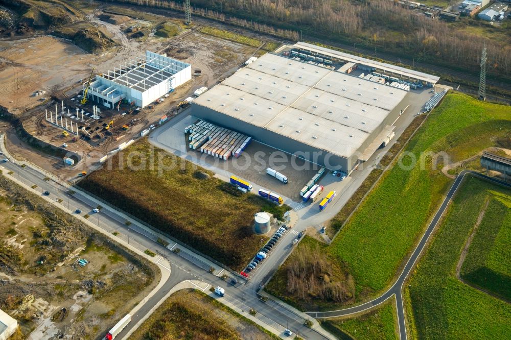 Aerial image Gelsenkirchen - Building complex and grounds of the logistics center of Wheels Logistics on site of the former Schalker Verein in Gelsenkirchen in the state of North Rhine-Westphalia. The center is part of the newly developed commercial area East on Schalker Verein