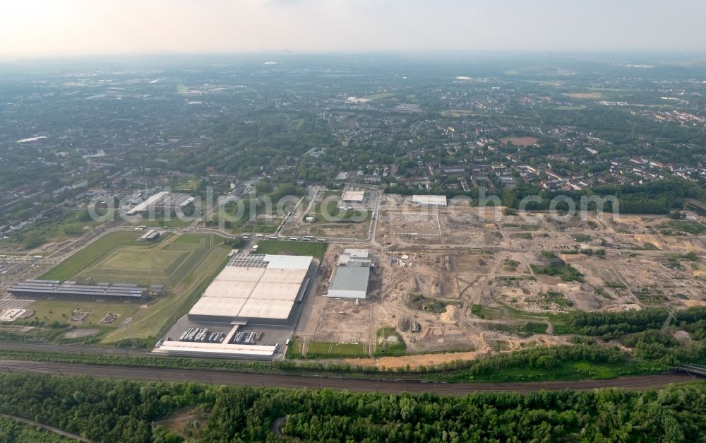 Gelsenkirchen from above - Building complex and grounds of the logistics center of Wheels Logistics on site of the former Schalker Verein in Gelsenkirchen in the state of North Rhine-Westphalia. The center is part of the newly developed commercial area East on Schalker Verein