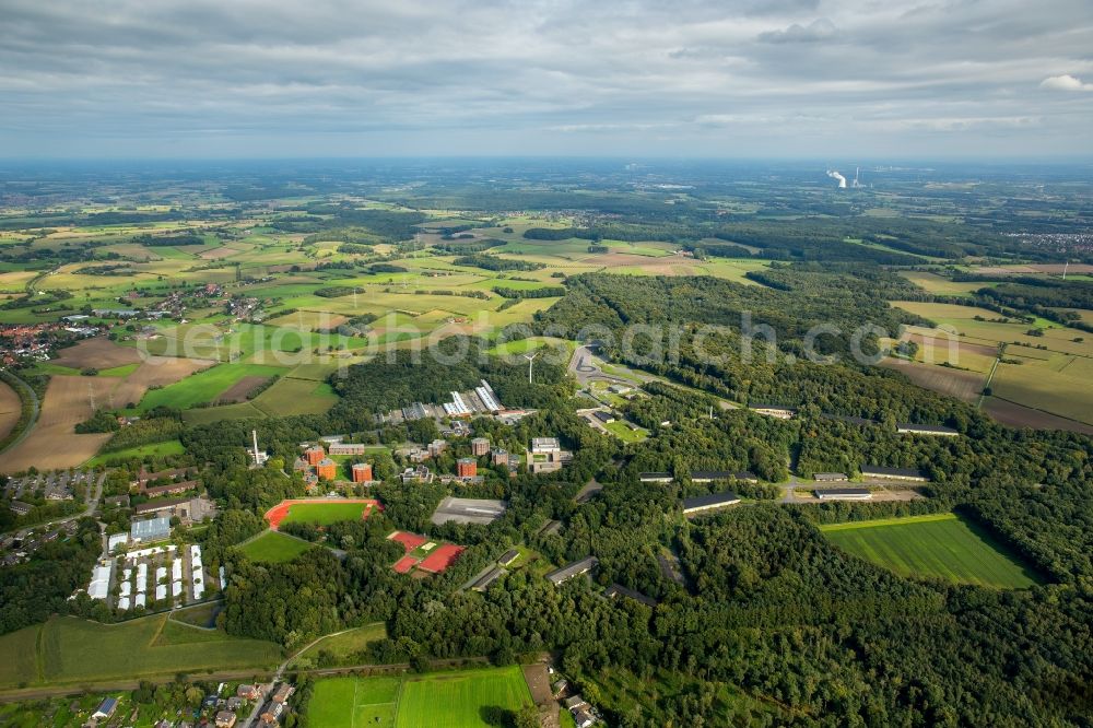 Aerial photograph Bork - Building complex and facilities of the police school in Bork in the state of North Rhine-Westphalia. Sports grounds and facilities are part of the wooded area