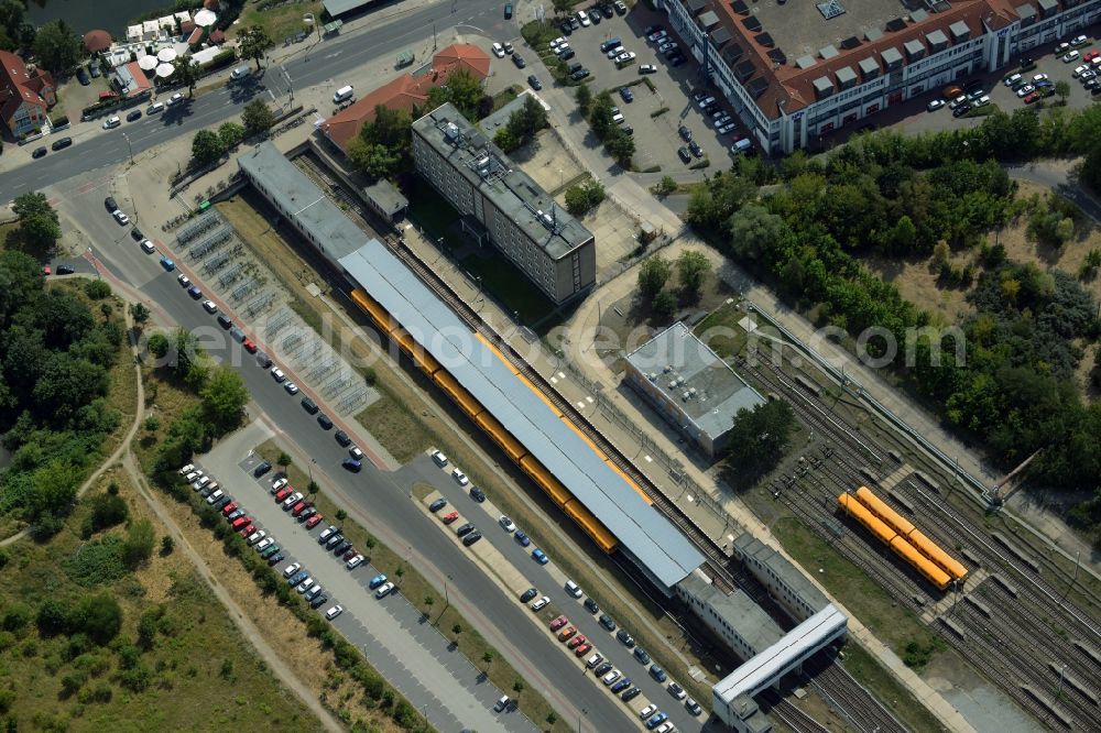 Berlin from the bird's eye view: Building complex and rail tracks of the U-Bahn station Hoenow in the Hellersdorf part of Berlin in Germany. The station is the Eastern most station of the U5 line of the Berlin underground system. It consists of the actual station, several outbuildings and parking lots as well as the large holding track facilities