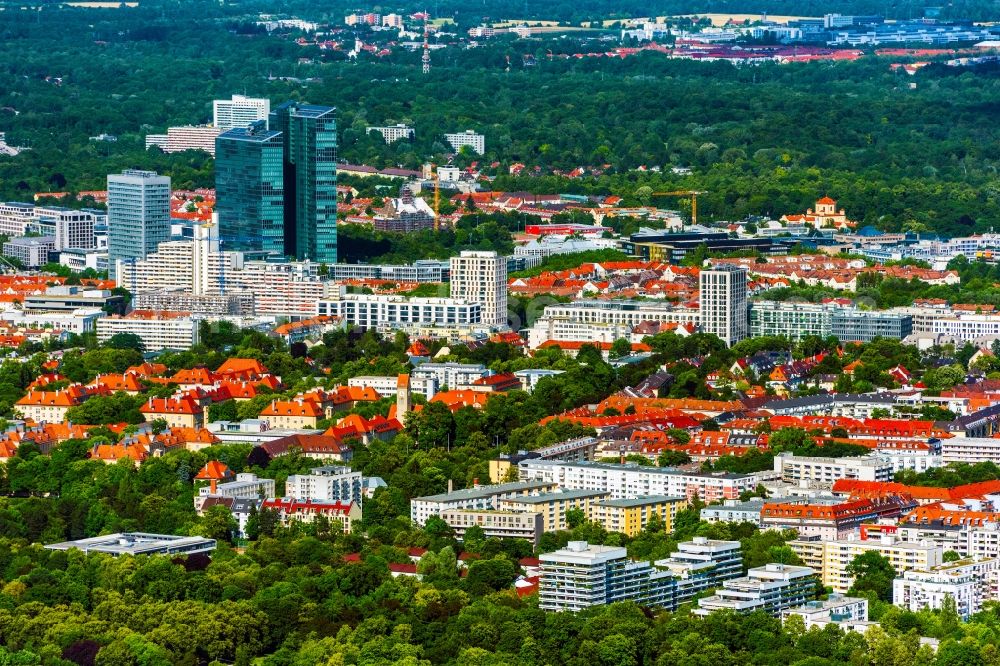 München from the bird's eye view: High-rise building complex HighLight Towers on corner Mies-van-der-Rohe- und Walter-Gropius-Strasse in the district Schwabing-Freimann in Munich in the state Bavaria, Germany