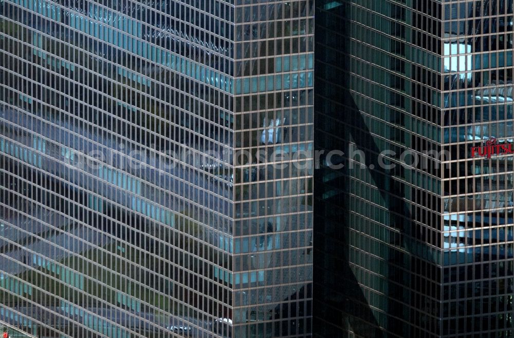 Aerial photograph München - High-rise building complex HighLight Towers on corner Mies-van-der-Rohe- und Walter-Gropius-Strasse in the district Schwabing-Freimann in Munich in the state Bavaria, Germany