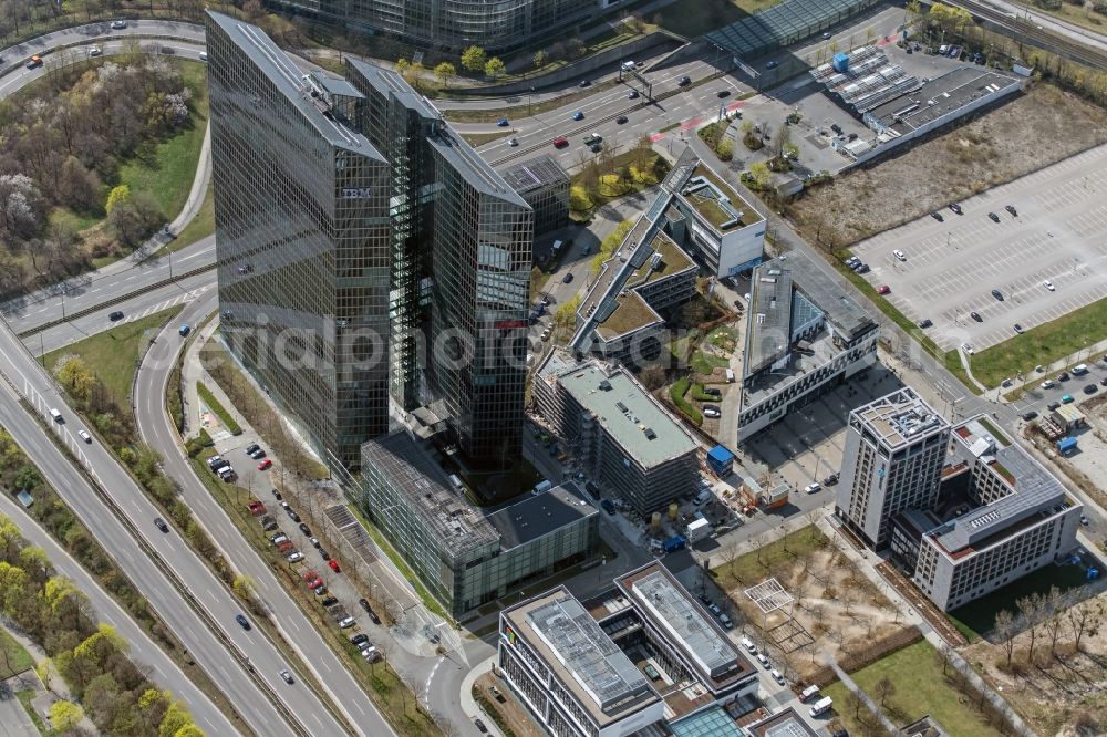 München from above - High-rise building complex HighLight Towers on corner Mies-van-der-Rohe- und Walter-Gropius-Strasse in the district Schwabing-Freimann in Munich in the state Bavaria, Germany