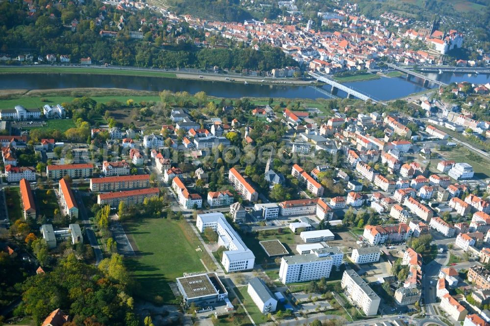 Aerial image Meißen - Building complex of the university Meissen (FH) and Fortbildungszentrum in Meissen in the state Saxony, Germany