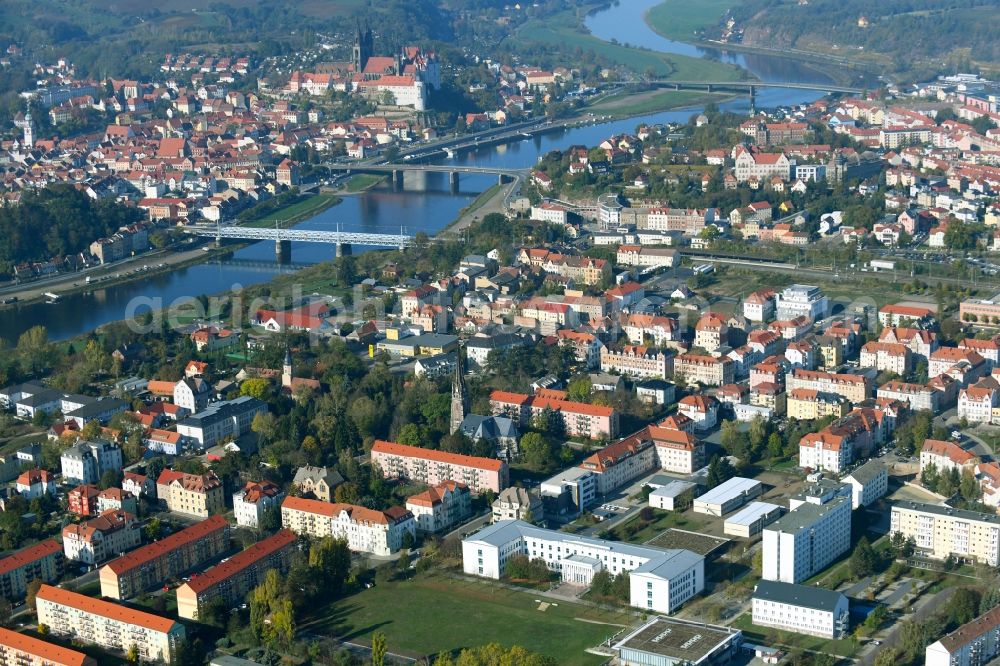 Aerial photograph Meißen - Building complex of the university Meissen (FH) and Fortbildungszentrum in Meissen in the state Saxony, Germany