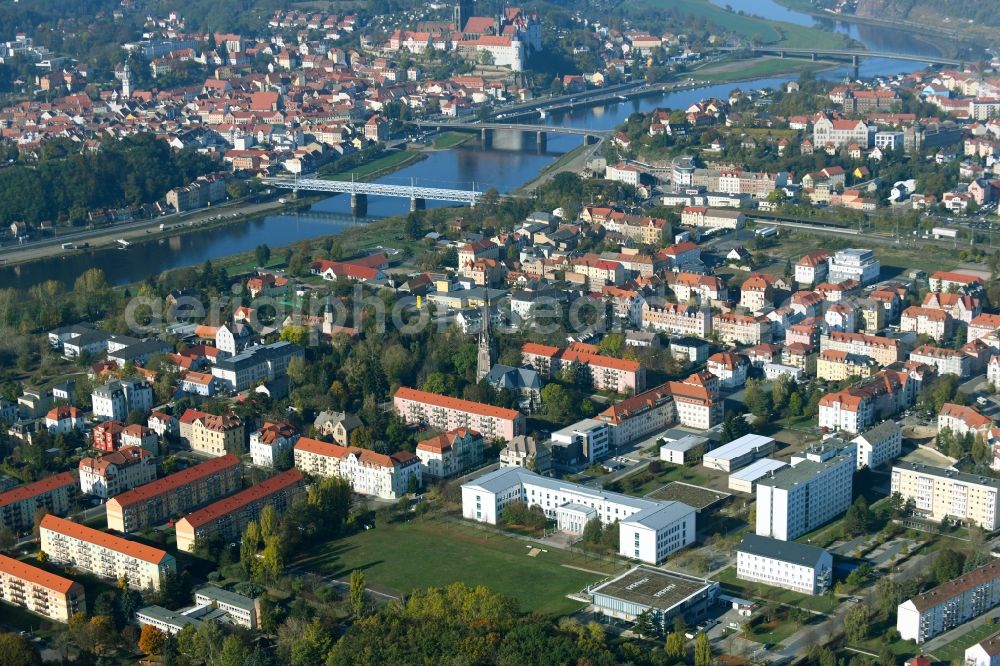 Meißen from above - Building complex of the university Meissen (FH) and Fortbildungszentrum in Meissen in the state Saxony, Germany