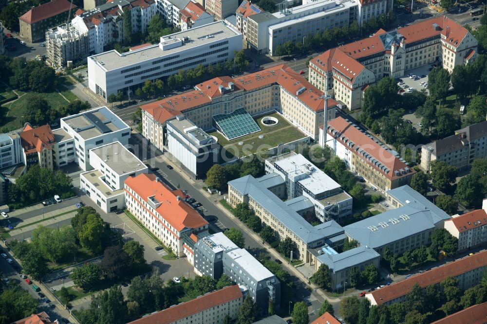 Leipzig from above - Building complex of the universities of applied sciences HTWK and HFT in Leipzig in the state of Saxony. HTWK (technology, economy and culture) is located in the historic Lipsius building, the HFT (telecommunication) includes a glas front building