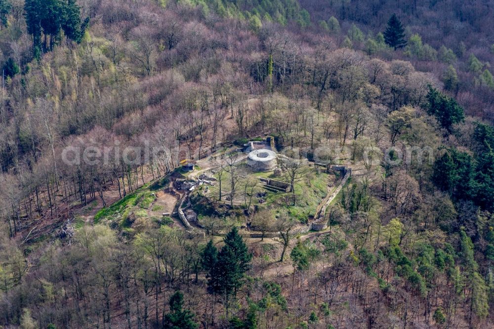 Jugenheim from above - Complex of the hotel building Annettes Gastronomie in Schloss Heiligenberg in Jugenheim in the state Hesse, Germany