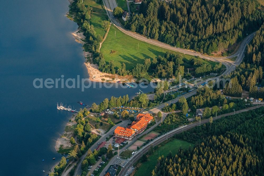 Schluchsee from the bird's eye view: Complex of the hotel building Auerhahn Wellnesshotel in Schluchsee in the state Baden-Wurttemberg, Germany