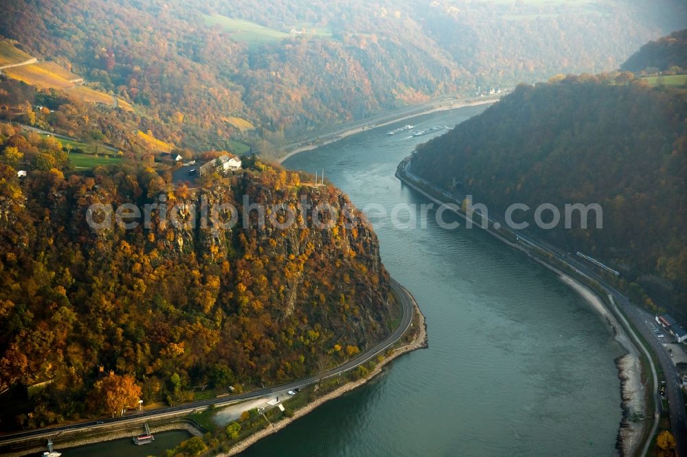 Sankt Goar from the bird's eye view: Complex of the hotel building Berghotel auf der Loreley on Loreley-Tunnel in Sankt Goar in the state Rhineland-Palatinate