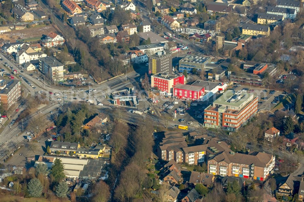 Aerial photograph Duisburg - Building complex of the hotel complex, district administration and health center Sittardsberger Allee - Altenbruchendamm in the district Buchholz in Duisburg in the state of North Rhine-Westphalia