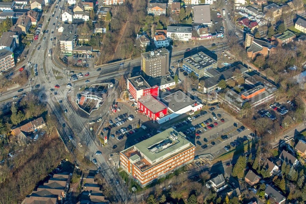 Duisburg from above - Building complex of the hotel complex, district administration and health center Sittardsberger Allee - Altenbruchendamm in the district Buchholz in Duisburg in the state of North Rhine-Westphalia