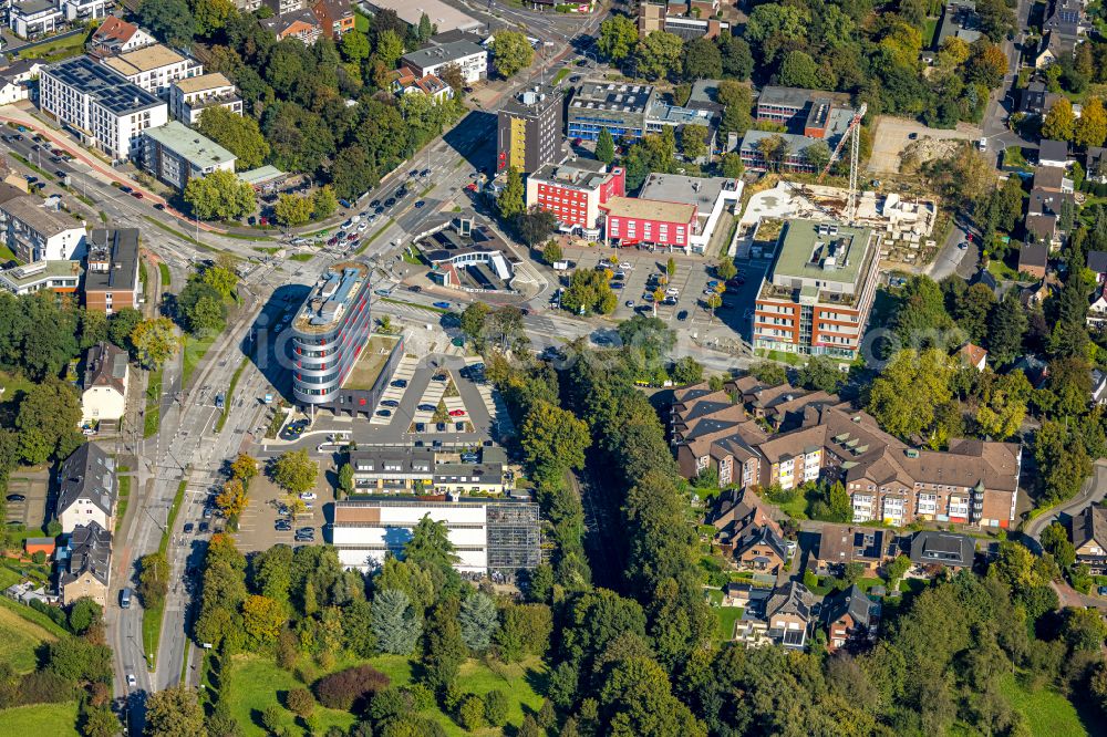 Duisburg from the bird's eye view: Building complex of the hotel complex, district administration and health center Sittardsberger Allee - Altenbruchendamm in the district Buchholz in Duisburg in the state of North Rhine-Westphalia