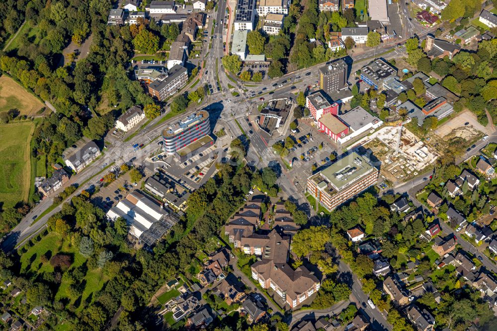 Duisburg from the bird's eye view: Building complex of the hotel complex, district administration and health center Sittardsberger Allee - Altenbruchendamm in the district Buchholz in Duisburg in the state of North Rhine-Westphalia