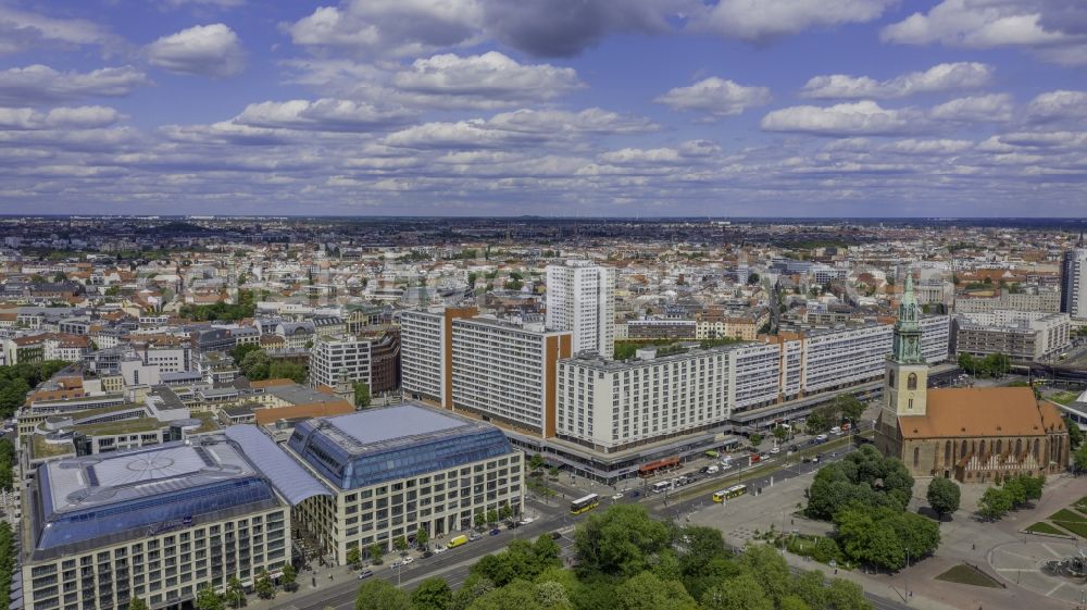 Berlin from above - Complex of the hotel building CityQuartier DomAquaree on Karl-Liebknecht-Strasse overlooking the church building of the St. Marienkirche in the district Mitte in Berlin, Germany