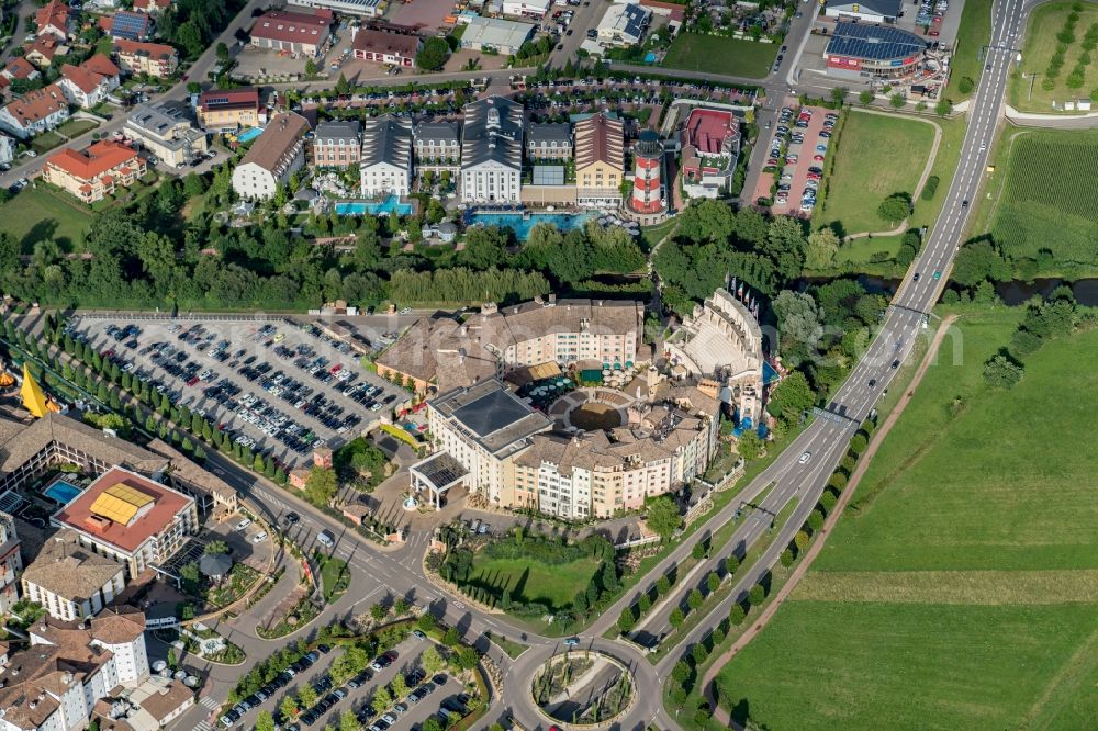 Aerial image Rust - Complex of the hotel building Colosseo and Bel Rock in Europa Park in Rust in the state Baden-Wuerttemberg, Germany