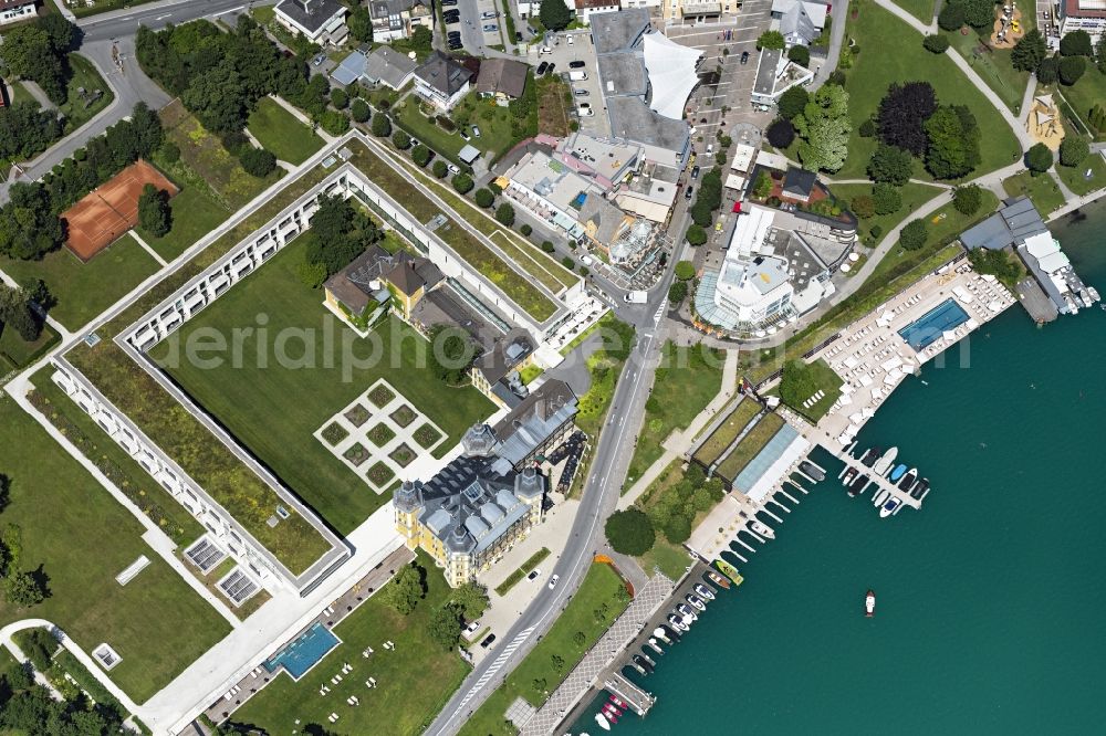 Velden am Wörthersee from above - Complex of the hotel building Falkenstein Schlosshotel Velden in Velden am Woerthersee in Kaernten, Austria