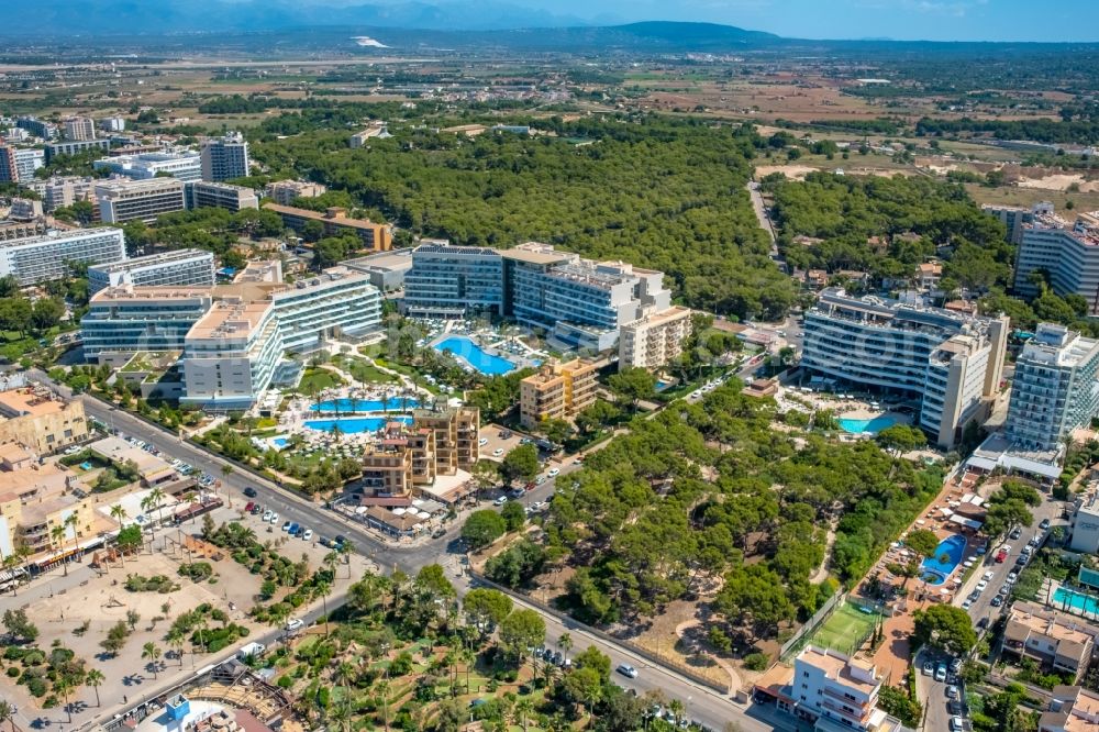 Palma from the bird's eye view: Complex of the hotel building Hipotels Gran Playa de Palma and Hipotels Playa de Palma Palace between Avinguda de Fra Joan Llabres and Carrer del Llauet in the district Platja de Palma in Palma in Balearic island of Mallorca, Spain