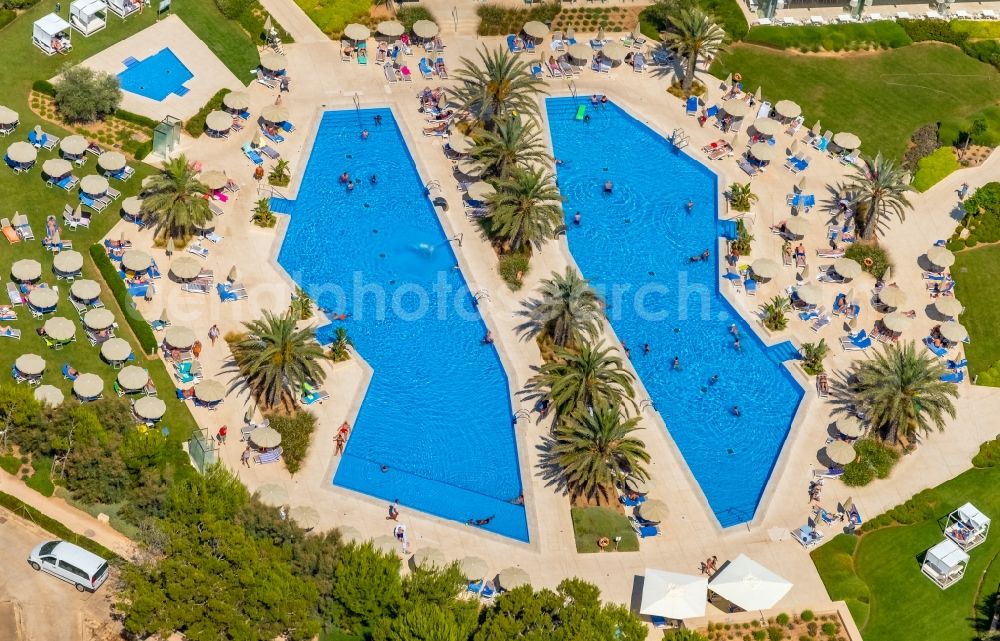 Palma from above - Complex of the hotel building Hipotels Gran Playa de Palma and Hipotels Playa de Palma Palace between Avinguda de Fra Joan Llabres and Carrer del Llauet in the district Platja de Palma in Palma in Balearic island of Mallorca, Spain