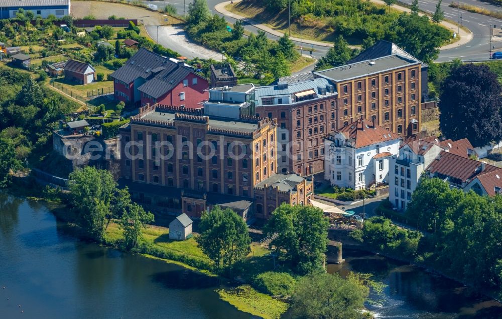 Hattingen from above - Complex of the hotel building of Hotel Birsche-Muehle on Schleusenstrasse in Hattingen in the state North Rhine-Westphalia, Germany