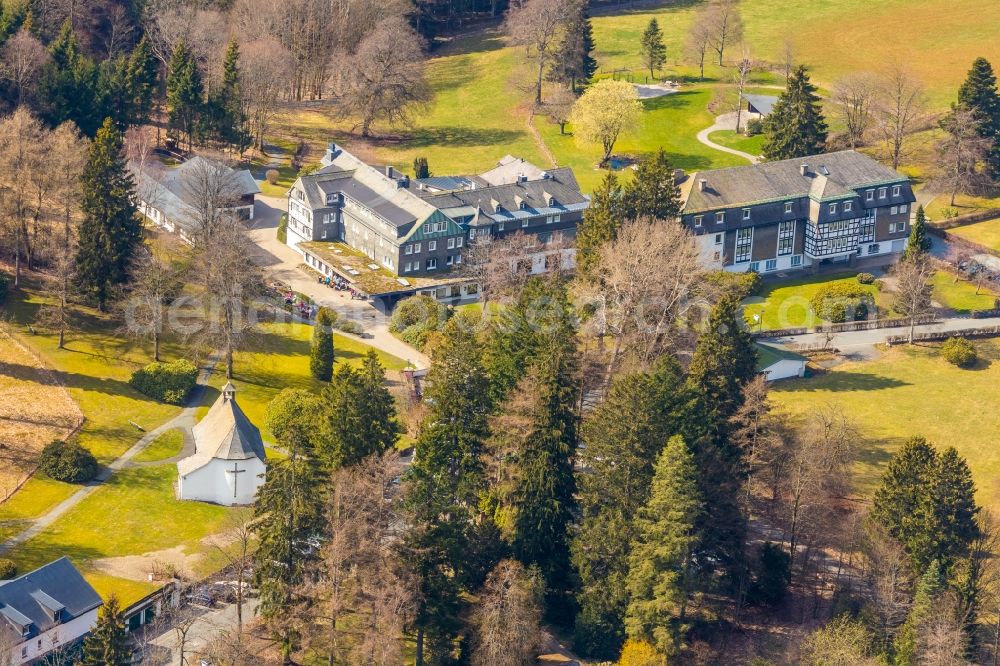 Schmallenberg from above - Complex of the hotel building Hotel Jagdhaus Wiese on Jagdhaus in Schmallenberg in the state North Rhine-Westphalia, Germany