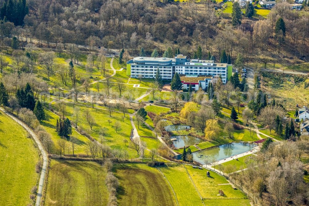 Aerial image Brilon - Complex of the hotel building Hotel on Kurpark on Hellehohlweg in Brilon in the state North Rhine-Westphalia, Germany