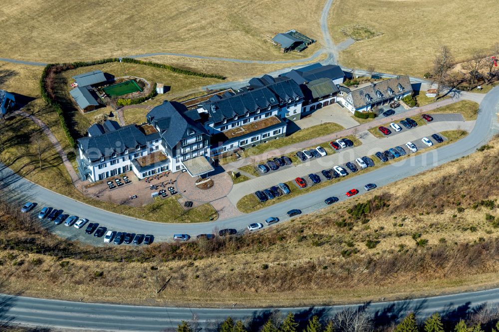 Rimberg from the bird's eye view: Complex of the hotel building Hotel Rimberg in Rimberg at Sauerland in the state North Rhine-Westphalia, Germany