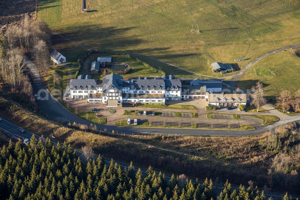 Aerial image Schmallenberg - Complex of the hotel building Hotel Rimberg on Rimberg in Schmallenberg at Sauerland in the state North Rhine-Westphalia, Germany