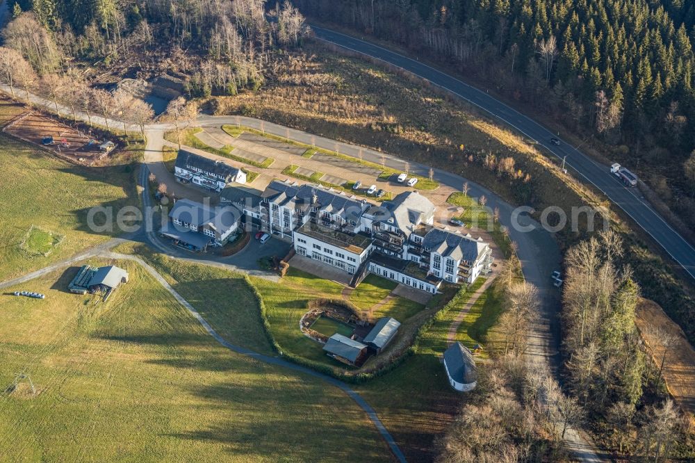 Aerial photograph Schmallenberg - Complex of the hotel building Hotel Rimberg on Rimberg in Schmallenberg at Sauerland in the state North Rhine-Westphalia, Germany