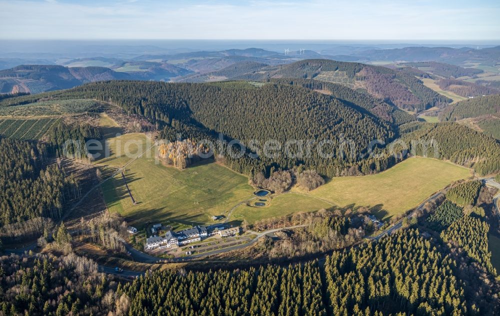 Aerial image Schmallenberg - Complex of the hotel building Hotel Rimberg on Rimberg in Schmallenberg at Sauerland in the state North Rhine-Westphalia, Germany