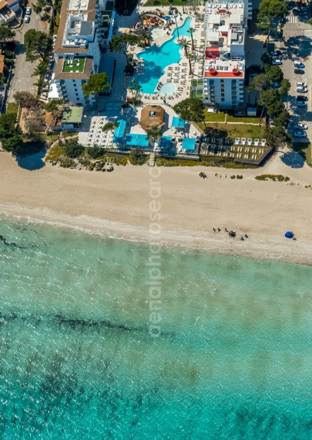 Muro from the bird's eye view: Complex of the hotel building Iberostar Alcudia Park in Muro in Balearic island of Mallorca, Spain