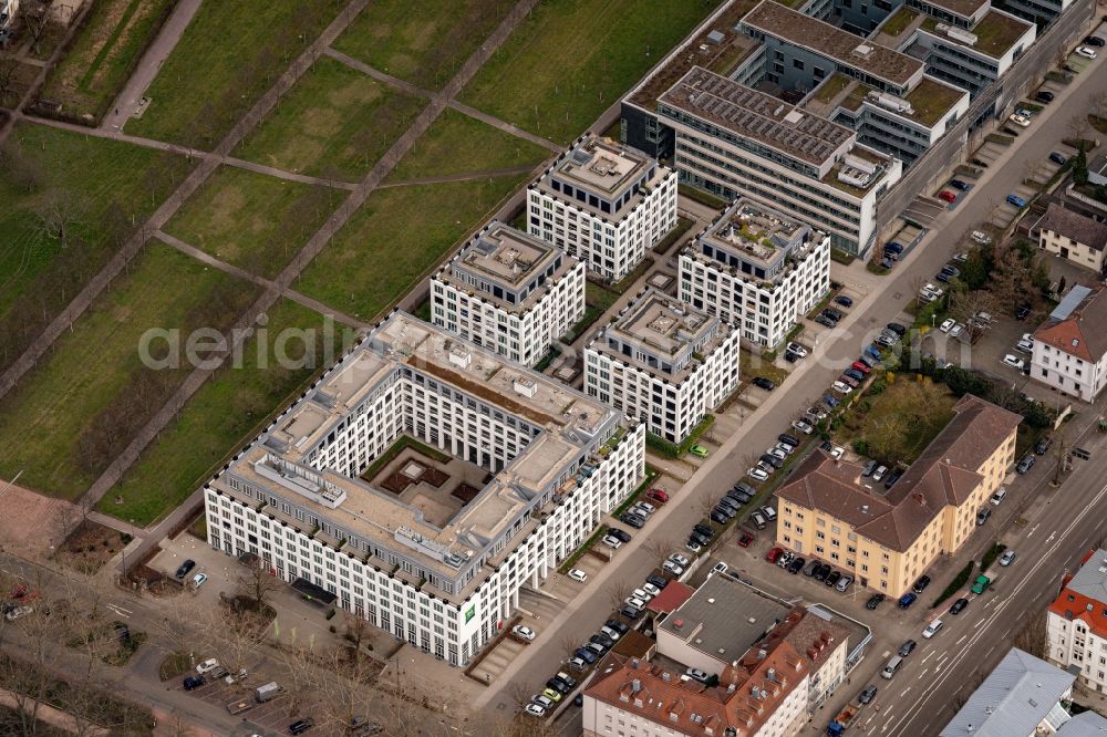 Aerial image Rastatt - Complex of the hotel building ibis Styles Rastatt Baden-Baden and Wohngebiete am Schlosspark in Rastatt in the state Baden-Wuerttemberg, Germany